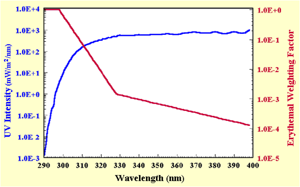 紫外線強度在不同輻射波段與紅斑作用光譜曲線的關係